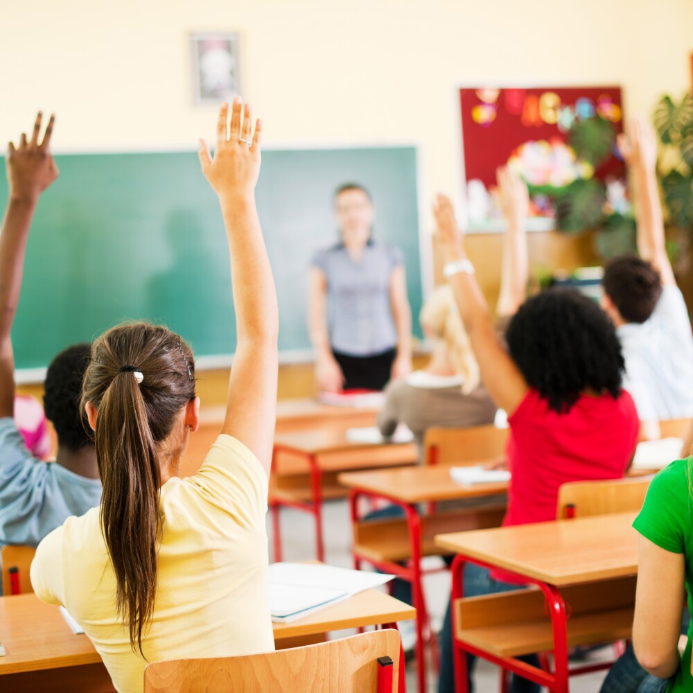 High School Students raise their hands in class. 