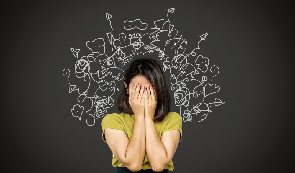 Depressed Asian woman in deep many thoughts, having problem with over thinking