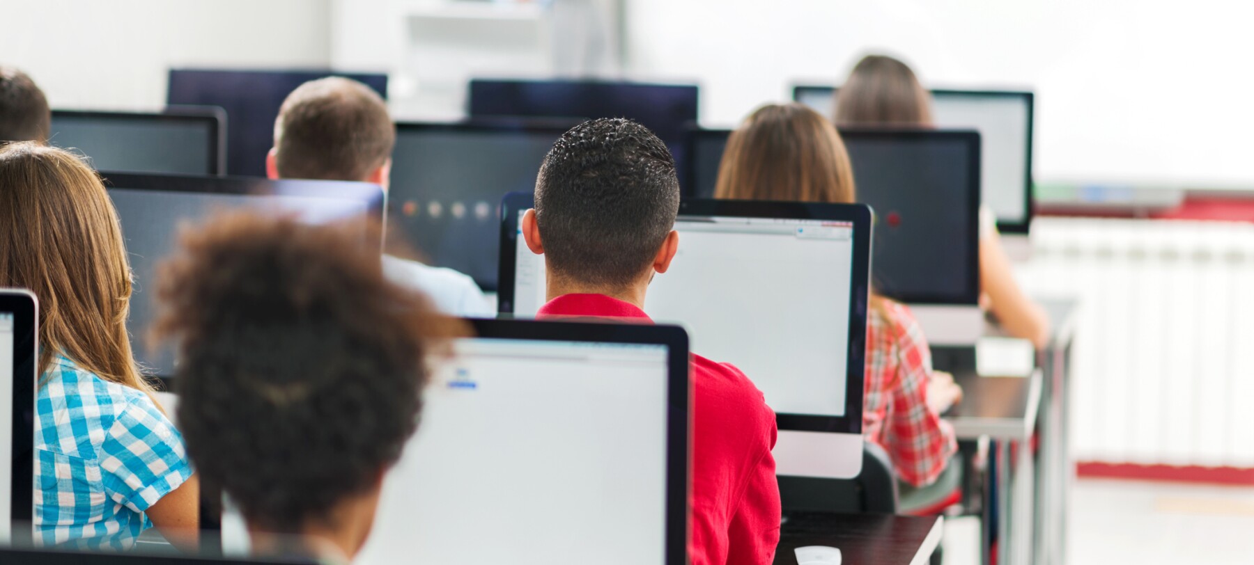 Rear view of group of people in a computer lab.