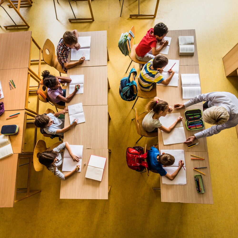 Overhead iew of students in classroom