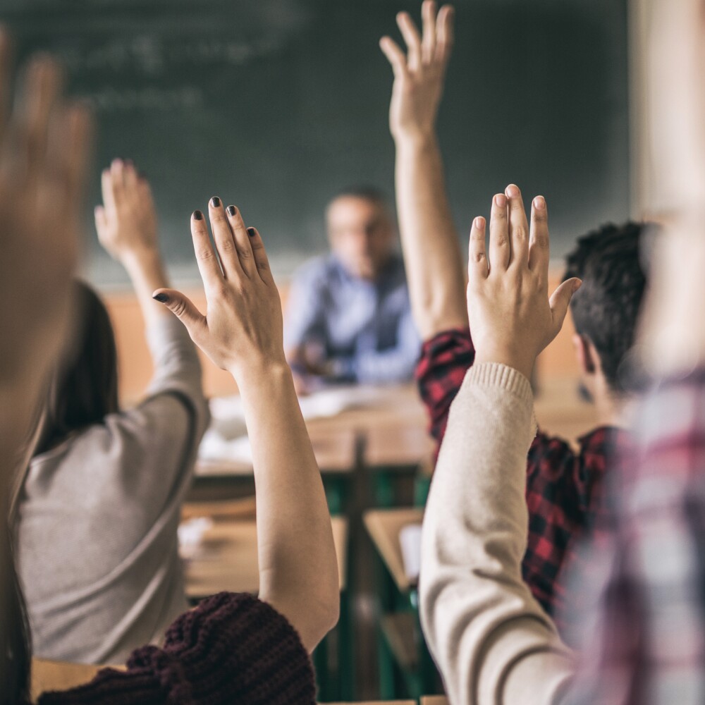 Students raise hands in classroom