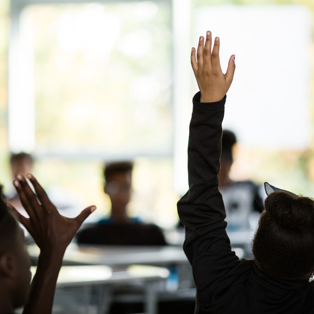 Education. Innovation. Girl Raising Hand
