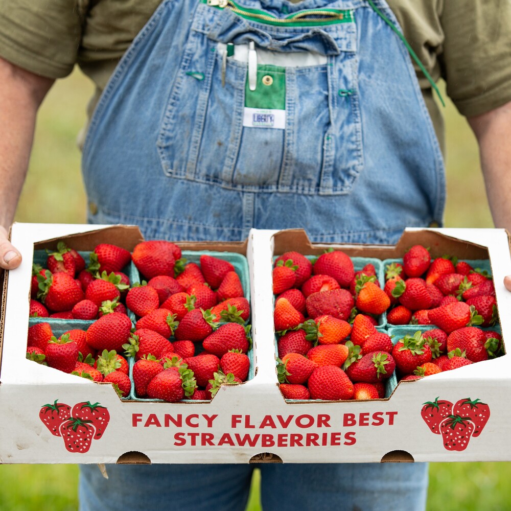 NWA Food Conservancy. Dennis McGarrah holding boxes of strawberries