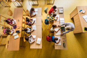 Overhead iew of students in classroom